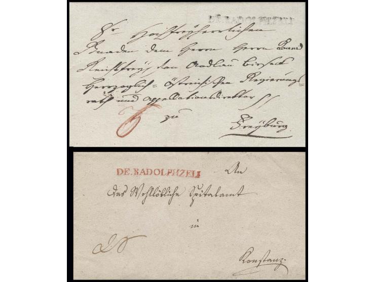 "DE.RADOLPHZELL", L1 in schwarz auf kpl. Brief 1803 nach Freiburg sowie in rot auf Briefhülle nach Konstanz. Der Stempel ist 