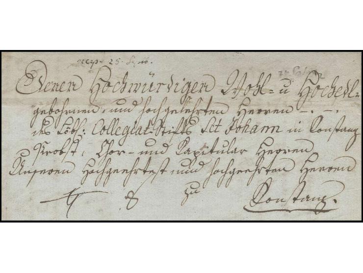 "v. Salem", Schreibschrift-L1, etwas schwach aber lesbar auf kpl. Brief 1802 von Heiligenberg nach Konstanz, taxiert mit 8 Kr