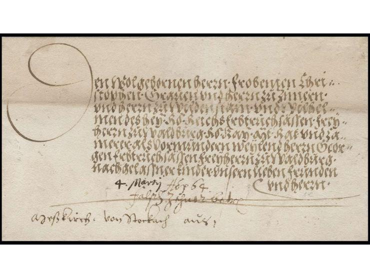 STOCKACH: 1564, Briefhülle mit vorderseitigem Vermerk "Von Stockach" mit mehrzeiliger Ergebenheitsadresse nach Meßkirch und v