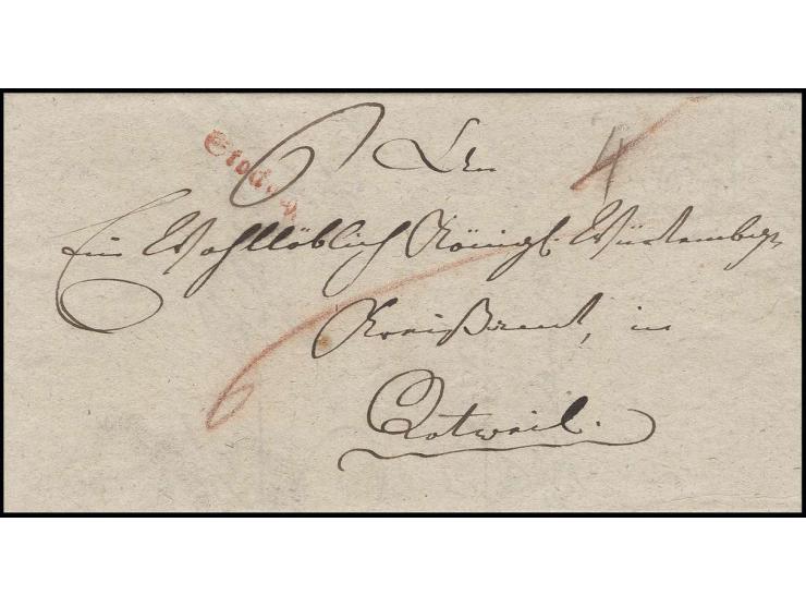 "Stockach", Frakturstempel in rot recht sauber auf kpl. Portobrief 1807 von Zizenhausen über Stockach nach Rottweil, taxiert 