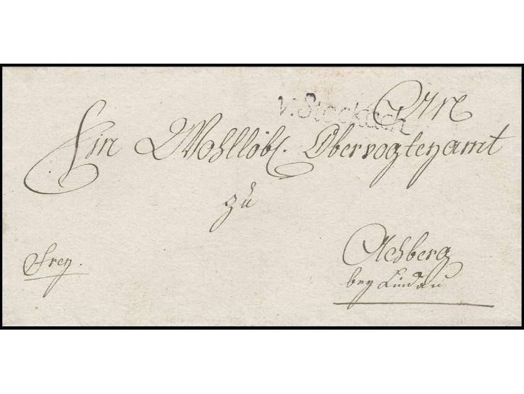"v.Stockach", Schreibschrift-L1 auf Briefhülle nach Achberg bei Lindau (ca. 1801); ein seltener Stempel, nur dreimal registri