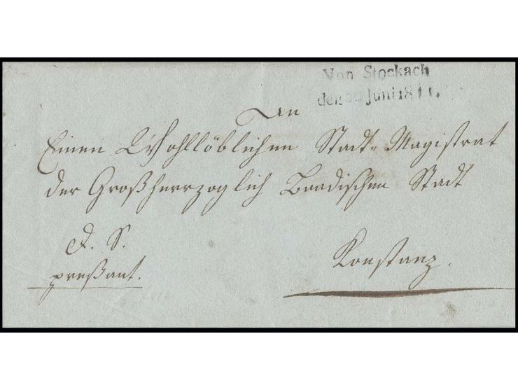"Von Stockach den 20 Juni 1811", L2 in schwarz sauber auf kpl. Dienstbrief mit handschriftlichem "preßant" nach Konstanz; ein