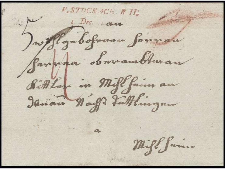 "V. STOCKACH R.II. 1.Dec...", L2 in rot auf Porto-Briefhülle nach Mühlheim in Württemberg, taxiert mit 4 Kr. + 1 Kr. Abgabelo
