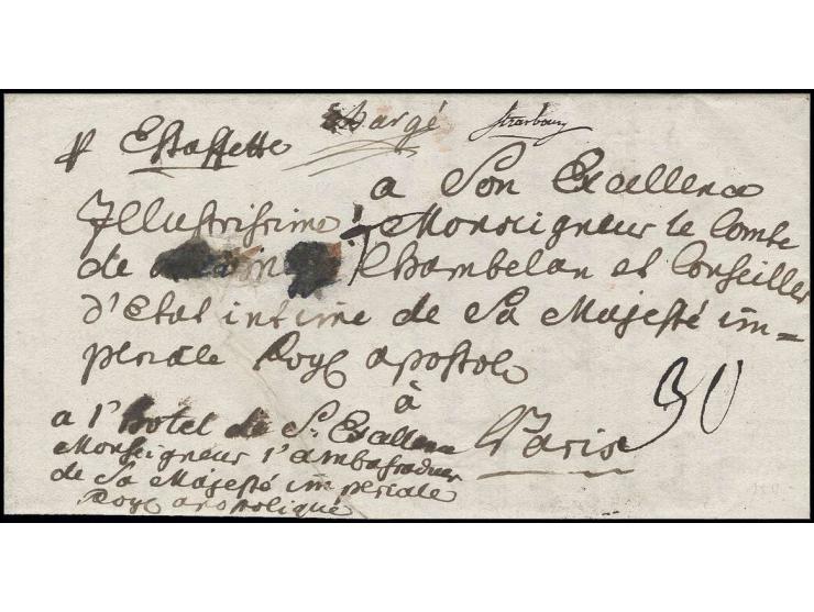 "Strasbourg", handschriftlicher Transitvermerk auf Estafetten-Brief 1783, mit Vermerk "Chargé" von Schloß Guttenberg über Hei