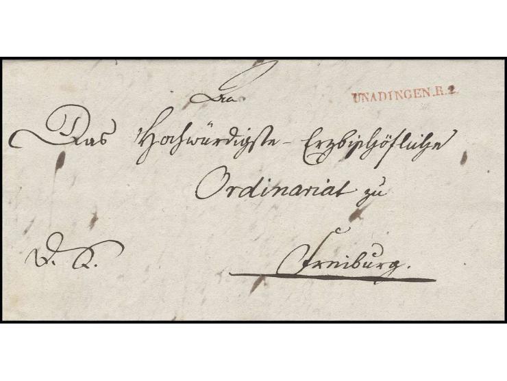 "UNADINGEN.R.2.", L1 in rot sauber auf Faltbrief 1834 an das Erzbischöfliche Ordinariat in Freiburg