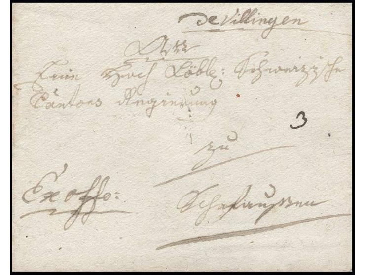 "De Villingen", handschriftlicher Aufgabevermerk auf rückseitig datiertem Briefkuvert "Ex offo" nach Schaffhausen, vorderseit