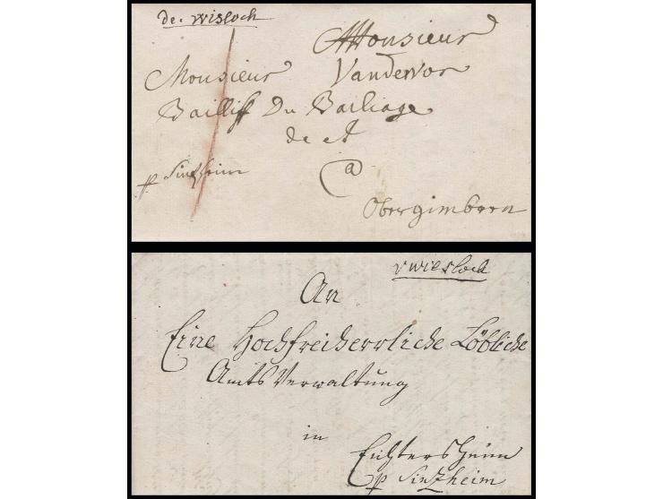 "de Wisloch" und "v Wiesloch", handschriftliche Aufgabevermerke auf 2 kpl. Briefen 1774 bzw. 1796