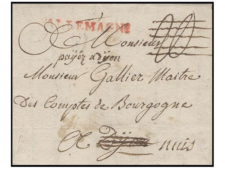 TRANSITSTEMPEL: "D'ALLEMAGNE" (Straßburg), L1 in rot sauber auf kpl. Brief 1770, von Regensburg nach Dijon