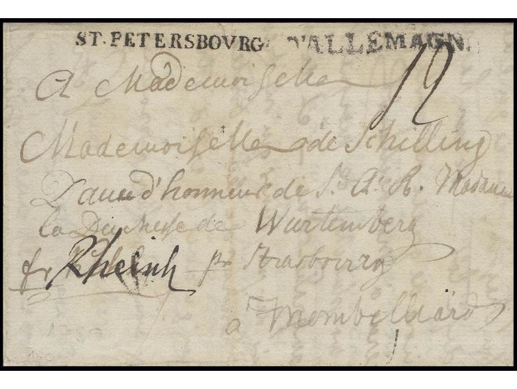 "fr RHEINH", handschriftlich über "fr Kehl" auf Brief 1780, von St. Petersburg über Straßburg nach Montbeillard, Taxe 12 Sols