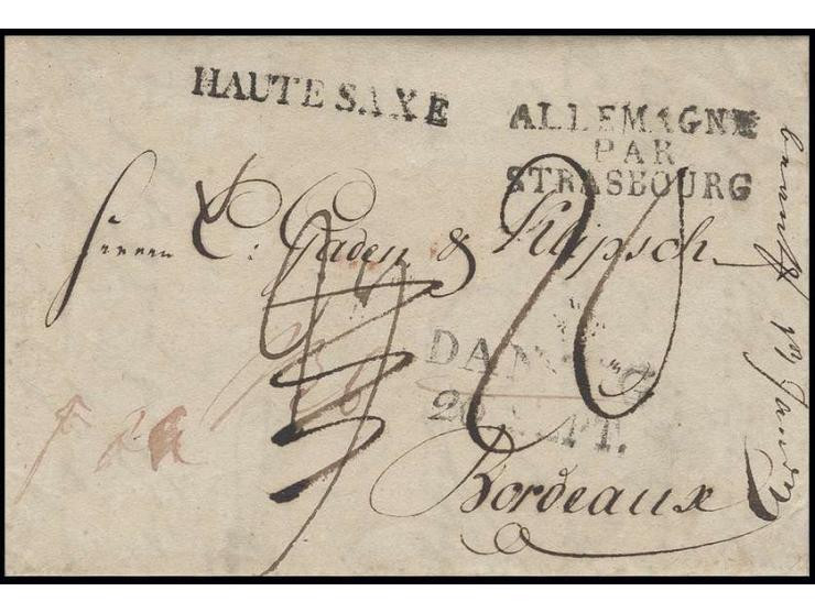 "HAUTE SAXE", L1 in schwarz auf kpl. Porto-Brief von "DANZIG 20 SEPT." (1811) nach Bordeaux mit nebengesetztem L3 "ALLEMAGNE 