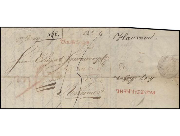"PASSE PAR KEHL", L1 in rot rückseitig auf Faltbrief 1810 mit handschriftlichem Aufgabevermerk "v Brody" (Ungarn) nach Reims 