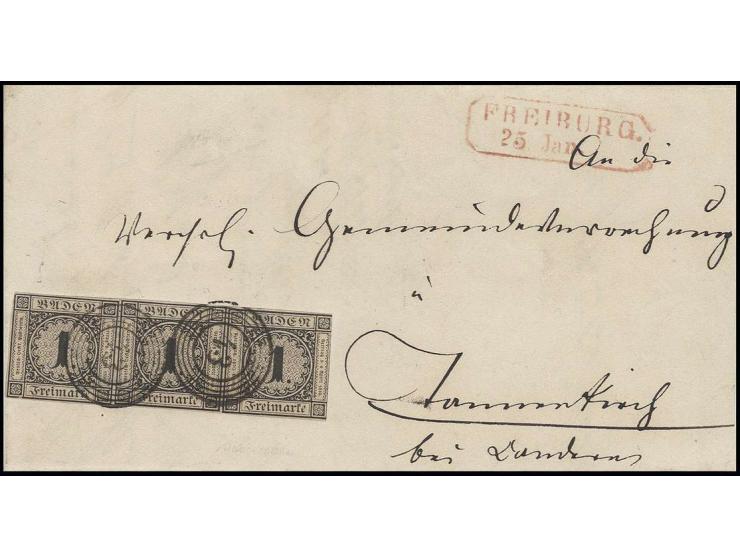 1 Kr. auf sämisch im waagerechten 3er-Streifen, rechts in der Randlinie berührt, sonst allseits voll- bis breitrandig, links 