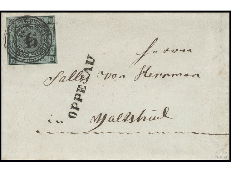 6 Kr. auf blaugrün, voll- bis überrandig mit Nr. "105" und nebengesetztem L1 "OPPENAU" auf kleiner Briefhülle 1851 nach Walds