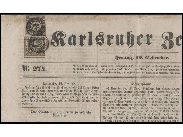 1 Kr. auf bräunlich, 2 Einzelwerte in üblichem Schnitt (etwas angeschnitten bis weit überrandig) mit Nr. "24" auf "Carlsruher