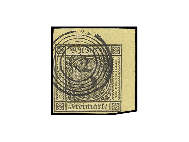 3 Kr. auf gelb, voll- bis überrandige rechte obere Bogenecke mit 4/5 mm Bogenrändern, sauber gestempelt, Kabinett, sign. HK u