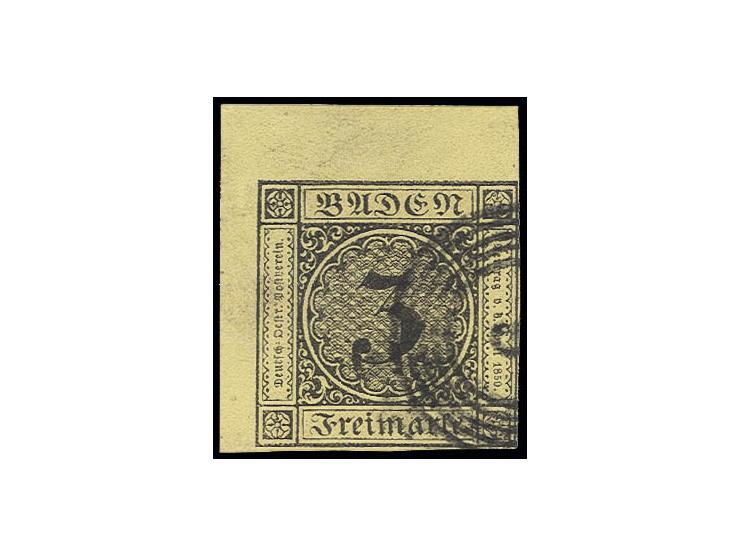 3 Kr. auf gelb, voll- bis überrandige linke obere Bogenecke mit ca. 3/6 mm Bogenrand, sauber gestempelt, Kabinett, sign. H. K