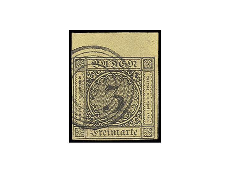 3 Kr. auf gelb, voll- bis überrandiges Oberrandstück mit 6 mm Bogenrand, sauber gestempelt "101" OBERKIRCH, Kabinett, sign. H