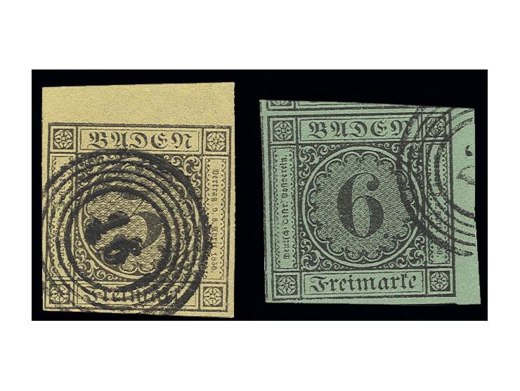 3 Kr. auf gelb und 6 Kr. auf gelbgrün, je allseits breit- bis überrandige Randstücke, dabei 6 Kr. mit Teilen von 4 Nebenmarke