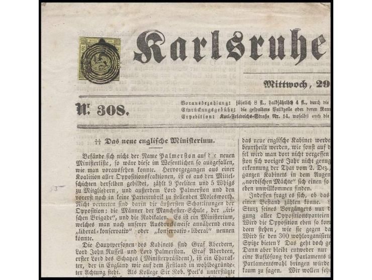 3 Kr. auf gelb in üblichem, gutem Schnitt, mit sauberer Nr. "24" auf "Carlsruher Zeitung" vom 29.12.1852; aufgrund des fehlen
