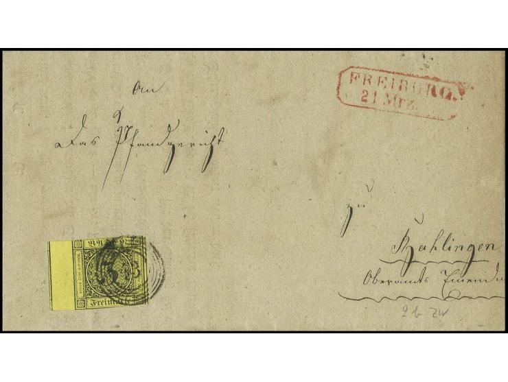 3 Kr. auf gelb, links mit Brückenansatz und Teil der Nebenmarke, oben und unten etwas berührt, rechts überrandig, mit saubere