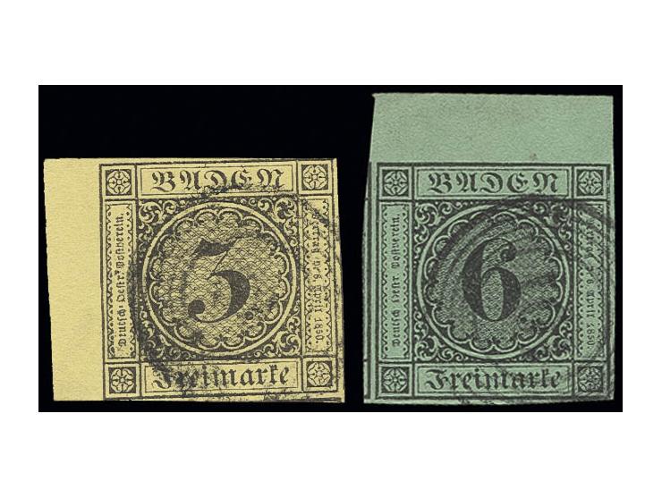 6 Kr. auf gelbgrün, voll- bis überrandig mit Teil der linken Nachbarmarke und oben ca. 6 mm Bogenrand, sowie 3 Kr. auf gelb, 