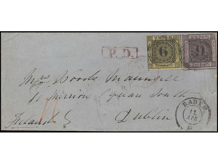 9 Kr. auf lilarosa in Mischfrankatur mit 6 Kr. auf gelb, beide teils berührt bis überrandig auf kleiner Briefhülle von "BADEN