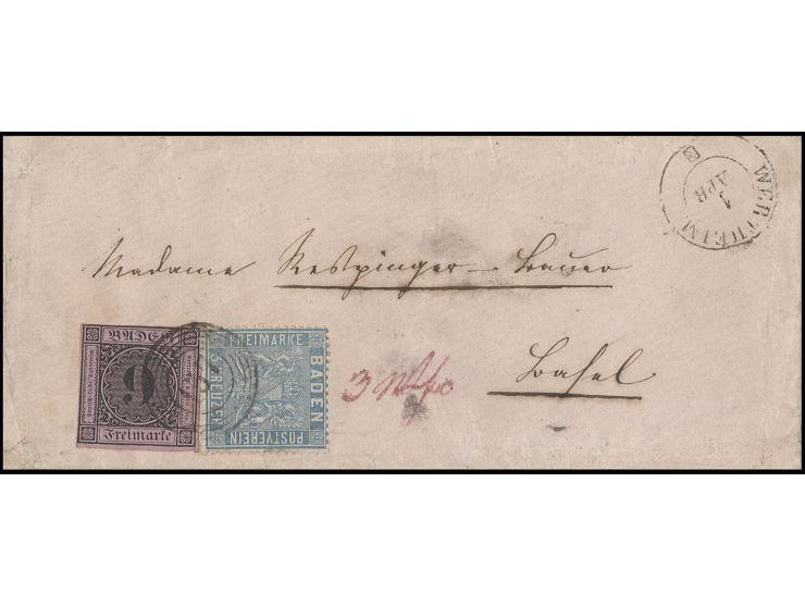 9 Kr. auf lilarosa in Mischfrankatur mit 1860, 3 Kr. preußischblau, mit sauberer Nr. "157" und nebengesetztem DKr. "WERTHEIM 