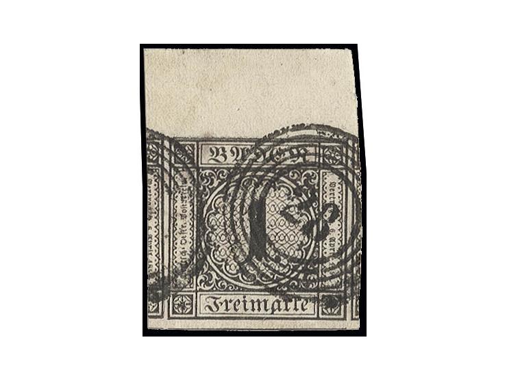 1853, Farbänderung: 1 Kr. schwarz, allseits überrandig mit Teilen aller Nachbarmarken und oben 11 mm Bogenrand, sauber gestem