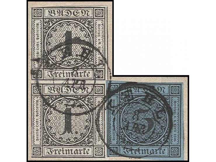 1 Kr. schwarz im senkrechten Paar mit 3 Kr. auf blau, mit sauber aufgesetztem DKr. "KEHL 8 APR." auf Briefstück, Marken teils