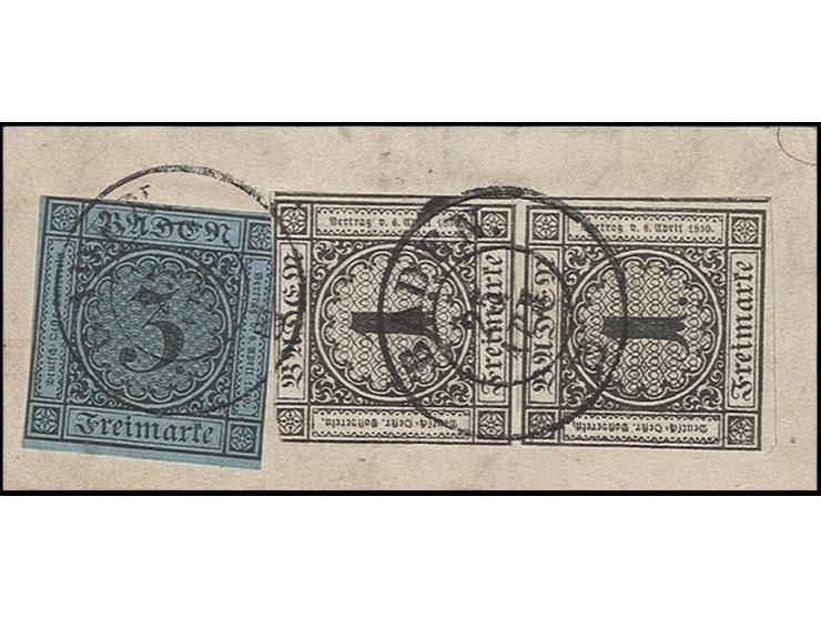 1 Kr. schwarz im senkrechten Paar (durch Vortennschnitt fast getrennt) und 3 Kr. blau mit sauber aufgesetztem DKr. "BADEN 25 