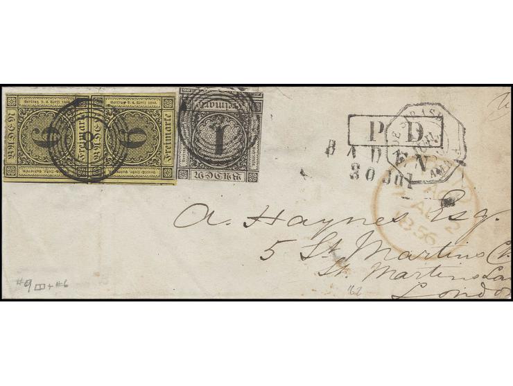 1 Kr. schwarz und 6 Kr. auf gelb im senkrechten Paar mit Nr. "8" und nebengesetztem L2 "BADEN 30 Jul." auf kleinem Briefkuver