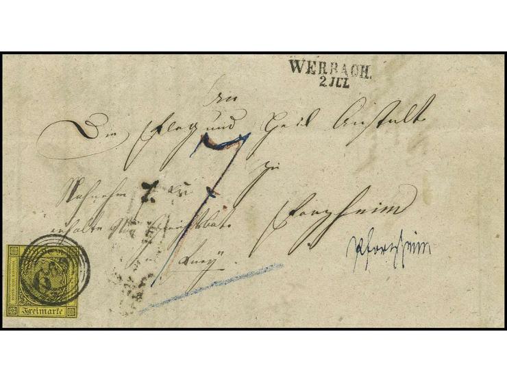 6 Kr. auf gelb, entwertet mit "169" und beigesetzt L2 "WERBACH./2.JUL" (1857) auf nicht ganz kpl. Nachnahme-Faltbrief nach Pf