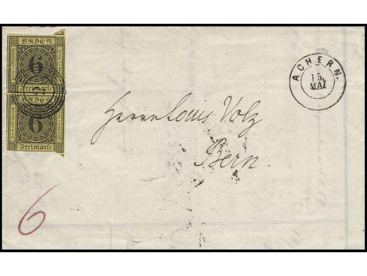6 Kr. auf gelb im senkrechten Paar, meist voll- bis überrandig mit längerem Vortrennschnitt zwischen den Marken, die obere da