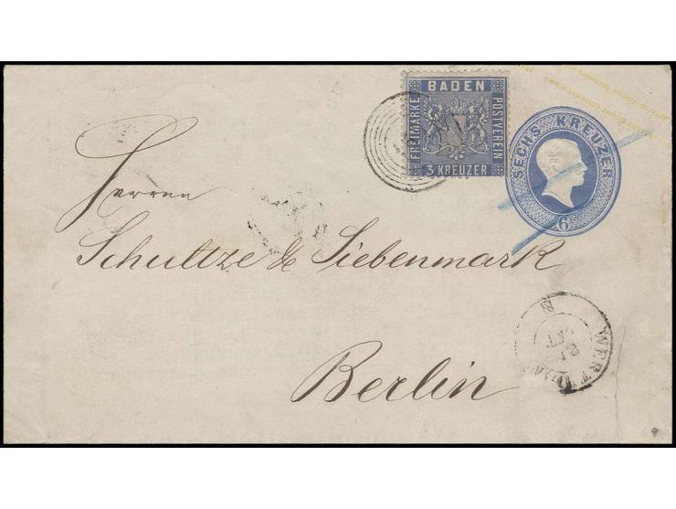 1860, linierter Grund, eng gezähnt: 3 Kr. ultramarin, farbfrisch und gut gezähnt mit Nr. "157" als Zufranktur auf Ganzsachenu