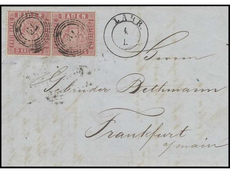 9 Kreuzer karmin, 2 Einzelwerte mit Nummer "79" auf Faltbrief der zweiten Gewichtsstufe von "LAHR 4.1." (1862) nach Frankfurt