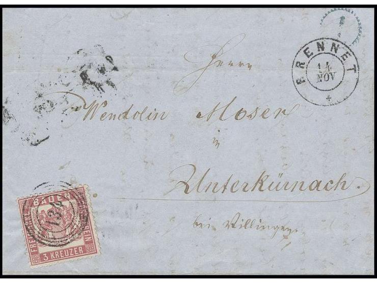 3 Kr. rosakarmin, gut gezähnt und farbfrisch mit sauberer Nr. "134" und nebengesetztem DKr. "BRENNET 14 NOV" (1862) auf Faltb