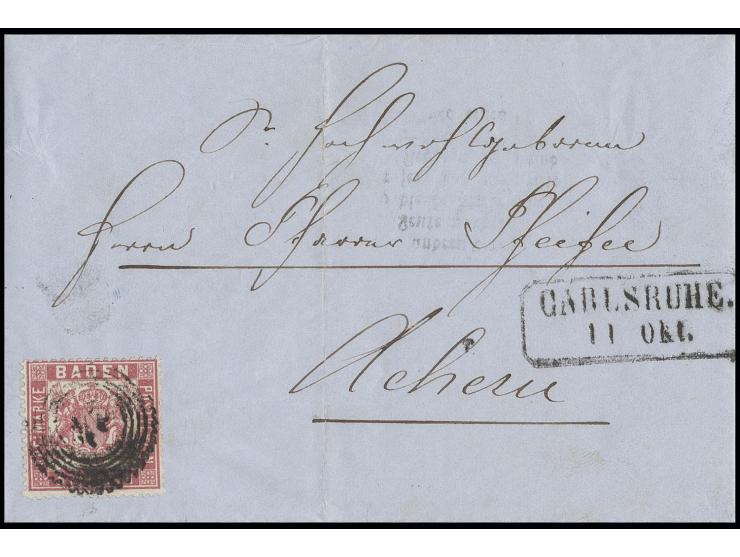 3 Kr. rosakarmin, farbfrisch und gut gezähnt mit Zackenkranzstempel "24" auf Faltbrief von "CARLSRUHE 11 Okt." (1862) nach Ac