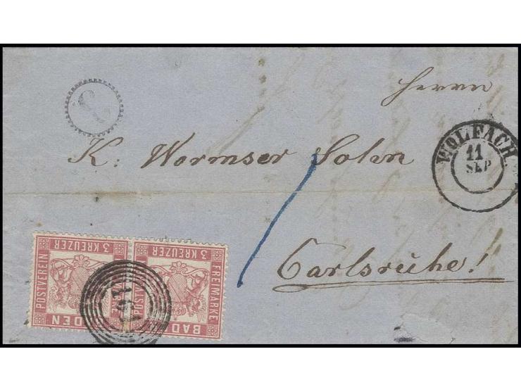 3 Kr. rosa im waagerechten Paar mit einer zentrischen Nr. "161" mit nebengesetztem DKr. "WOLFACH 11 SEP." (1862) und Uhrradst