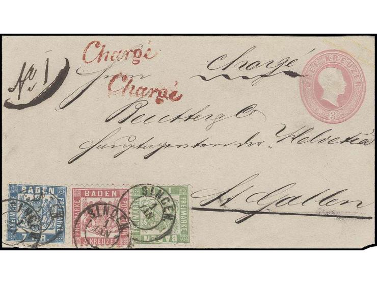 3 Kr. rosa in Mischfrankatur mit 1868, 1 Kr. grün und 7 Kr. blau mit DKr. "SINGEN 1 JAN" als Zufrankatur auf Ganzsachenvorder