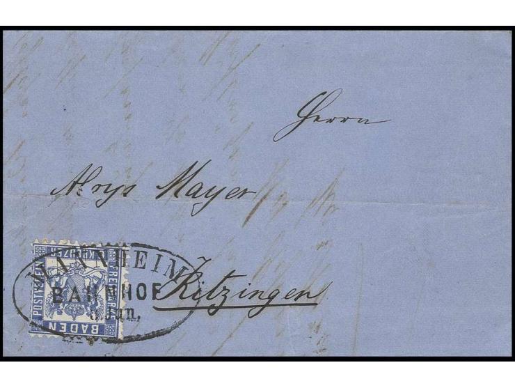 6 Kr. ultramarin mit großem Ovalstempel "MANNHEIM BAHNHOF 3 Jun." (1867) auf Briefhülle nach Kitzingen