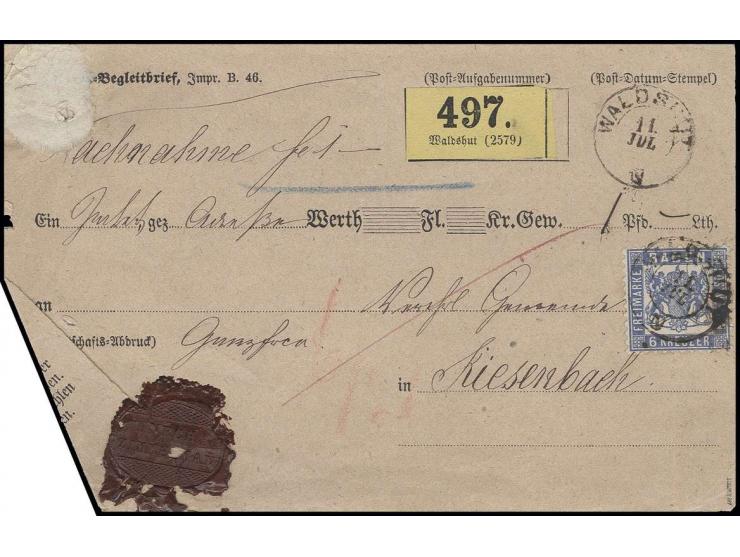 6 Kr. grauultramarin mit Doppelkreisstempel "WALDSHUT 11.JUL" auf Nachnahme-Paketbegleitformular nach Kiesenbach, seltener fr