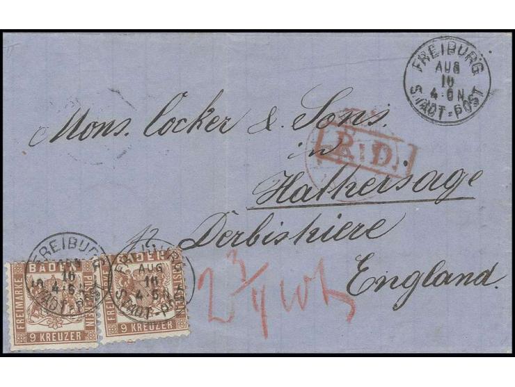9 Kr. rötlichbraun mit EKr. "FREIBURG STADT-POST AUG 10" (1868) auf Briefhülle über Belgien nach England mit 2 3/4 Groschen W