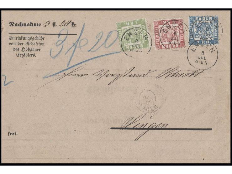 1868, KR.: 1 Kr. grün, 3 Kr. rosa und 7 Kr. blau, alle farbfrisch und gut gezähnt mit klar aufgesetztem EKr. "ENGEN 8 JUL." a