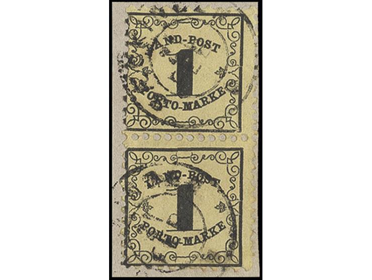 PORTOMARKEN: 1862, dünneres Papier: 1 Kr. auf gelb im senkrechten Paar auf Briefstück, Pracht, sign. Pfenninger (Mi. 1.000,-)