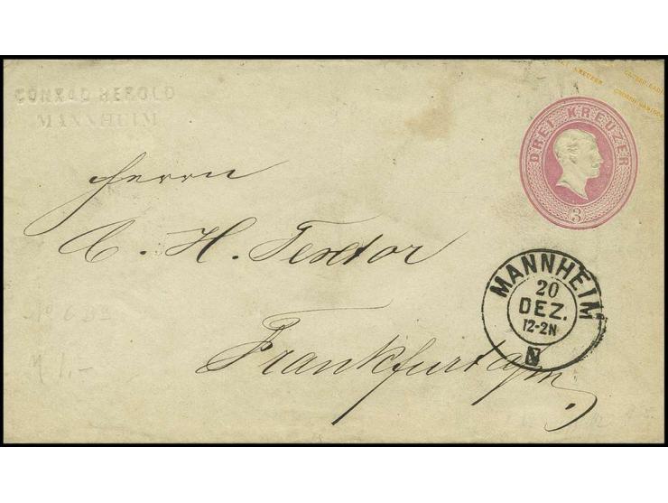 GANZSACHEN: 1863, Umschlag 3 Kr. rosa mit geprägtem Absender "Conrad Herold / Mannheim" mit DKr. "MANNHEIM 20 DEZ" nach Frank