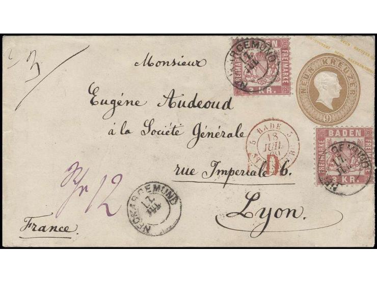 Umschlag 9 Kr. braun mit Zufrankatur 2 Stück 1868, 3 Kr. rosa mit DKr. "NECKARGEMÜND 17 JUL." (1869) nach Lyon; ganz geringe 