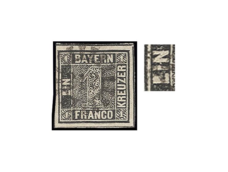 1 Kr. schwarz, Platte 1, Plattenposition C4 mit auffälligem Plattenfehler "E von EIN oben ausgefüllt" mit gMR "212" MITTERTEI