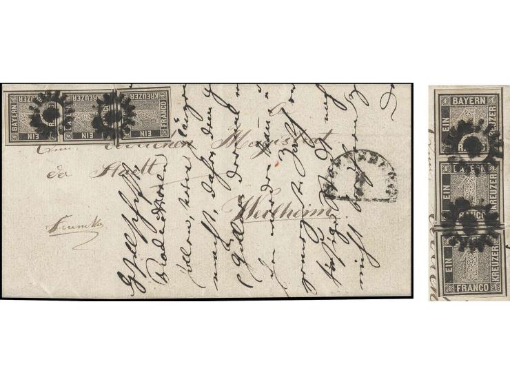 1 Kr. schwarz, Platte 1, sehr dunkle Nuance im senkrechten "kleinen Brücken"-3er-Streifen (im Zwischenraum der zweiten und dr