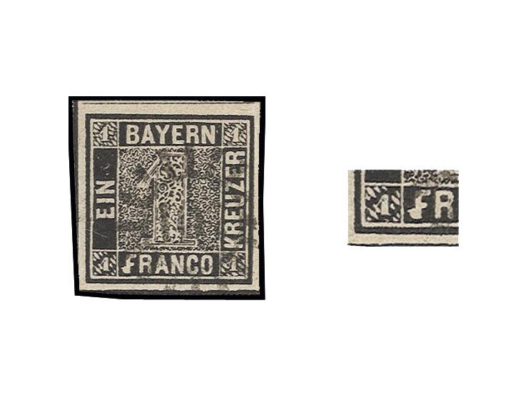 1 Kr. tiefschwarz, Platte 1X, mit prominenten Plattenfehler "weißer Fleck unten am F von FRANCO", Plattenposition auf Platte 
