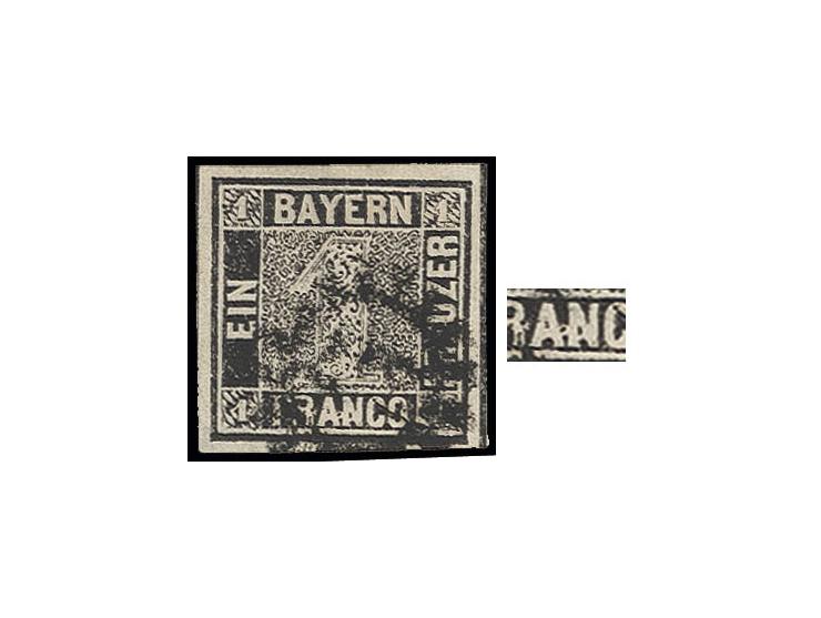1 Kr. schwarz, Platte 1X, Plattenposition C38 mit auffälligem Plattenfehler "Buchstaben AN von FRANCO verbunden und N von FRA